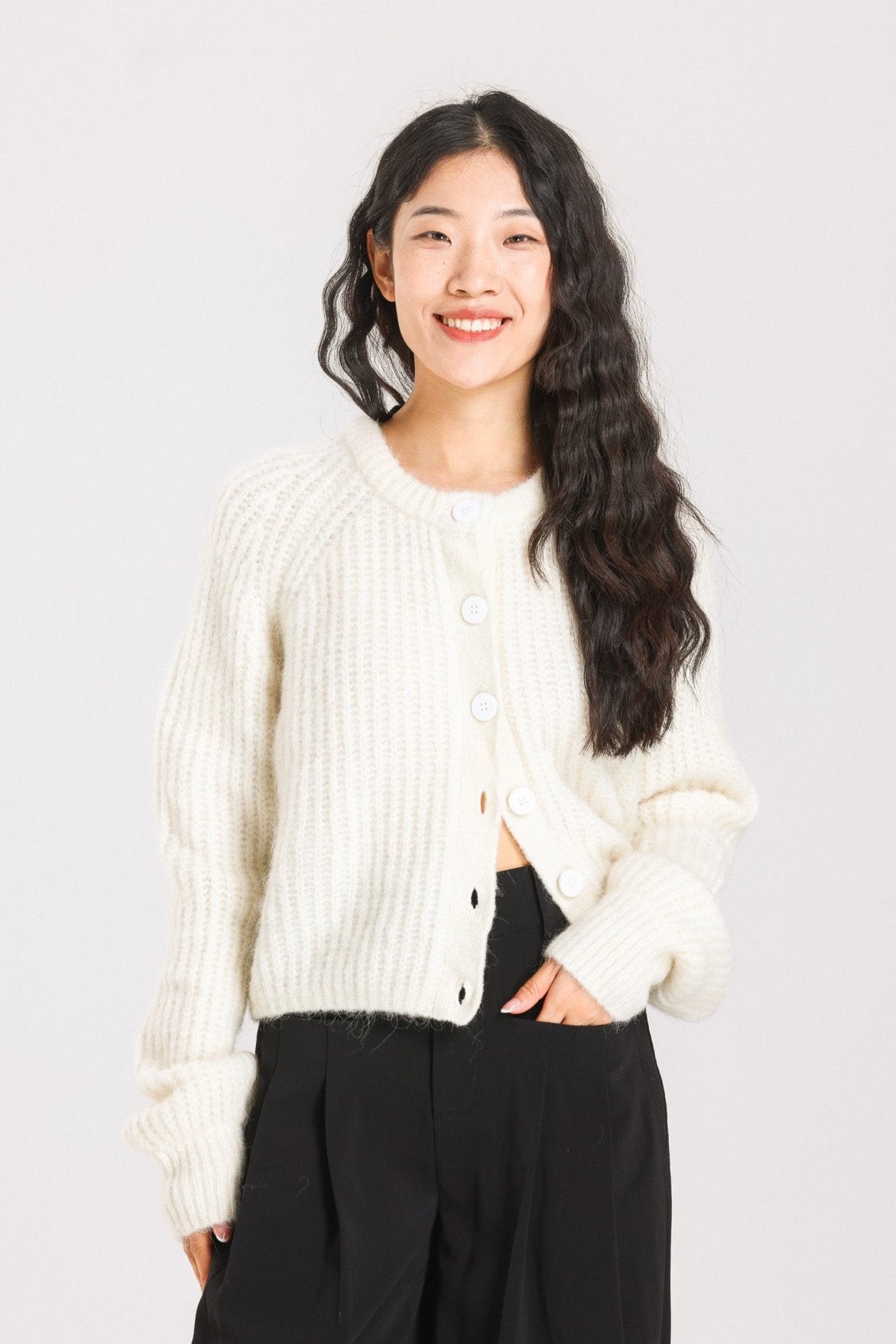Janet Ribbed Alpaca wool Knit Cardigan - Cream