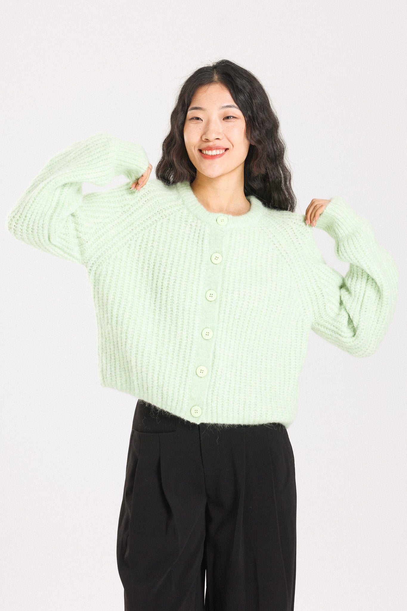 Janet Ribbed Alpaca wool Knit Cardigan - Lime