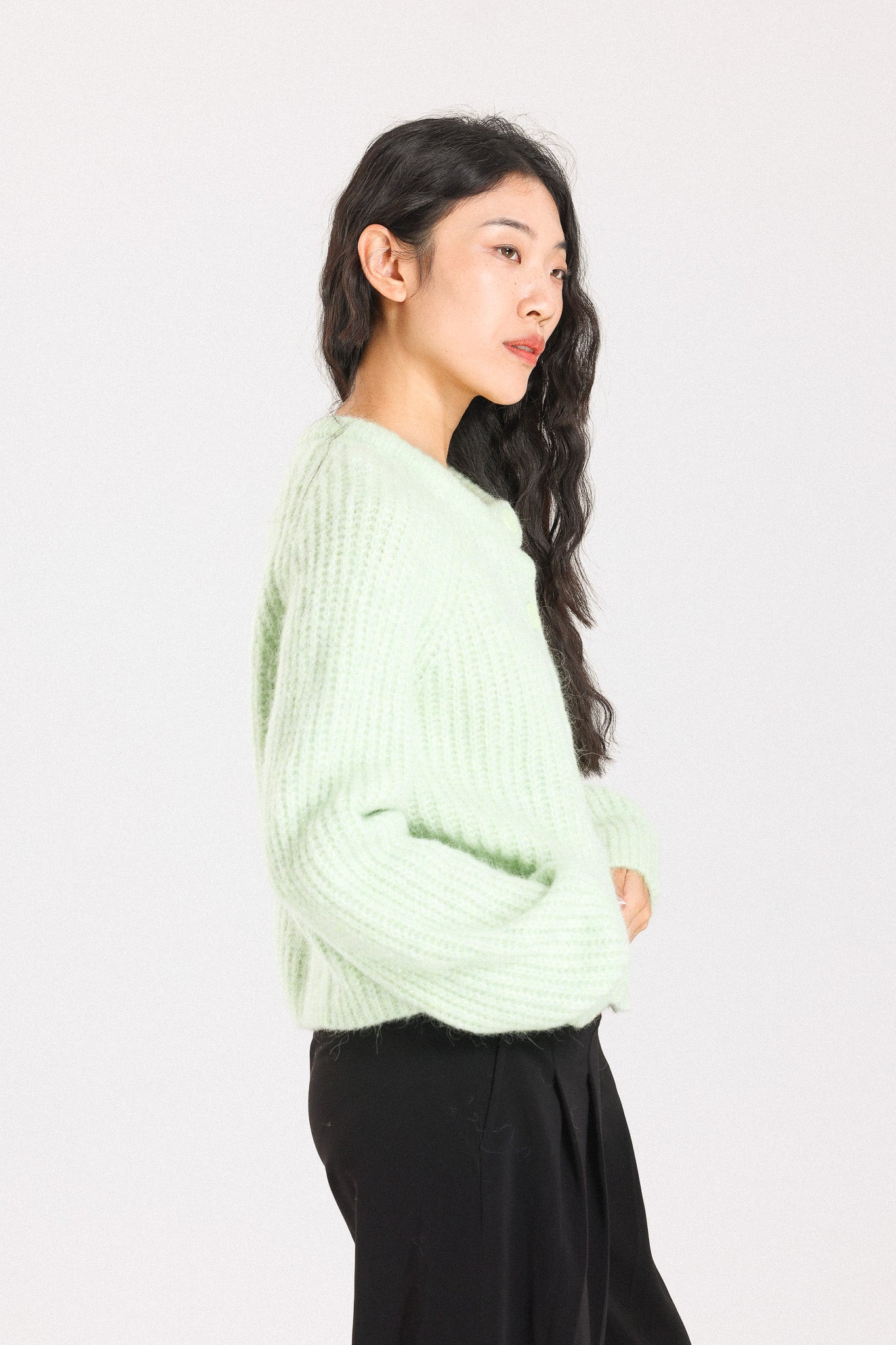 Janet Ribbed Alpaca wool Knit Cardigan - Lime