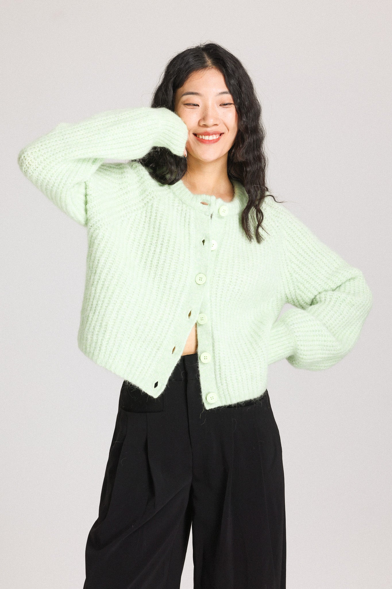 Janet Ribbed Alpaca wool Knit Cardigan - Lime