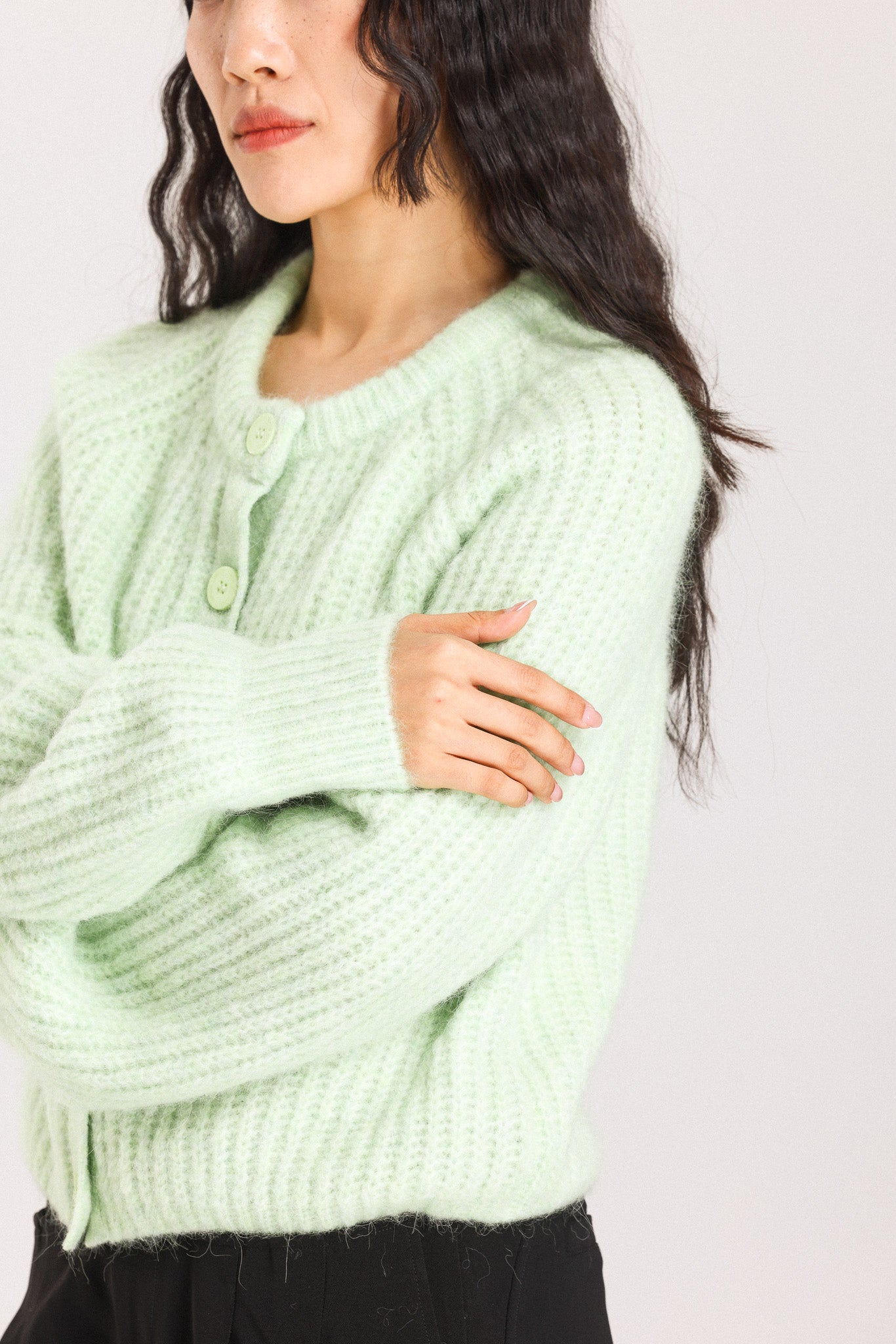 Janet Ribbed Alpaca wool Knit Cardigan - Lime