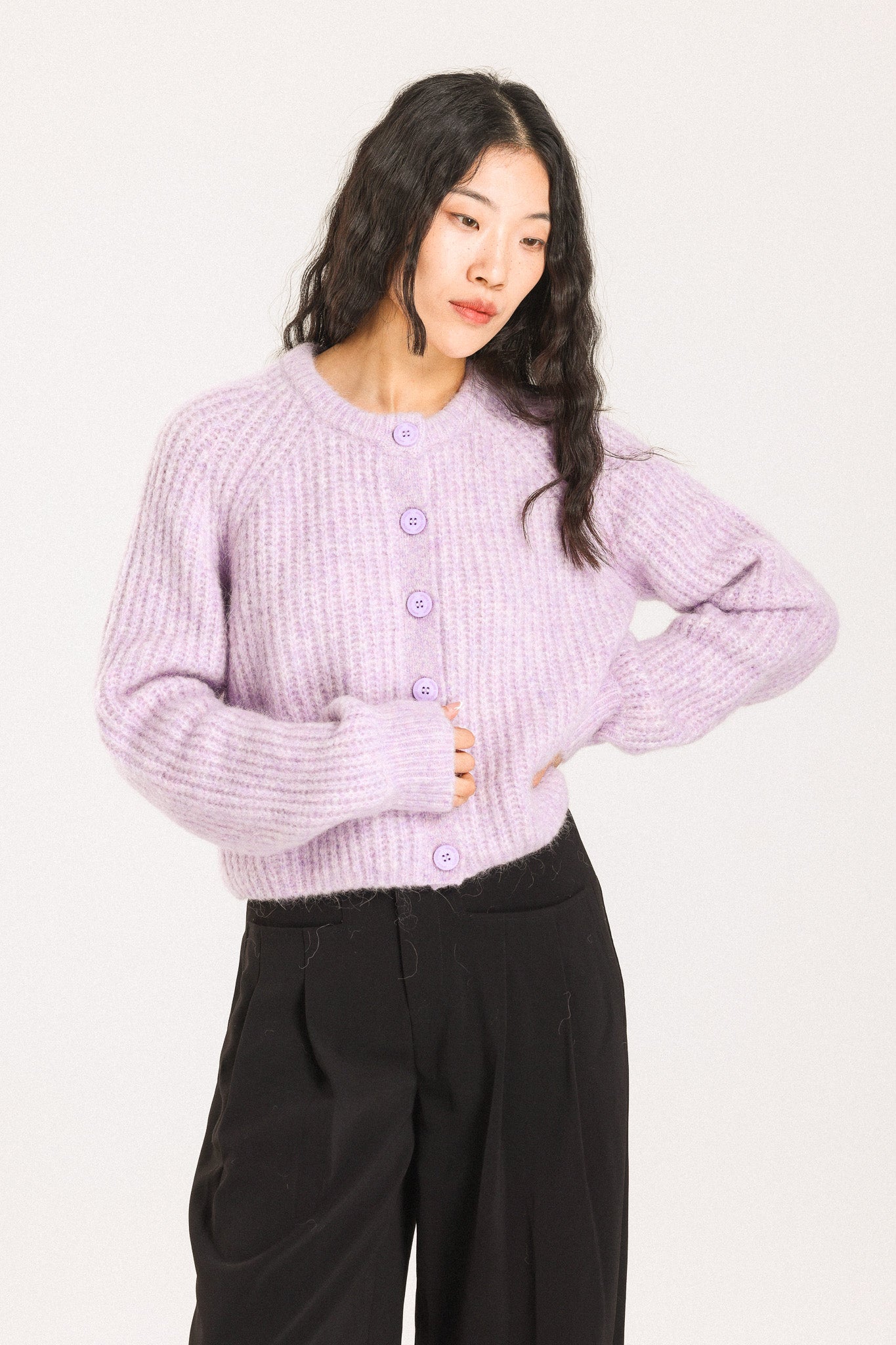 Janet Ribbed Alpaca wool Knit Cardigan - Purple