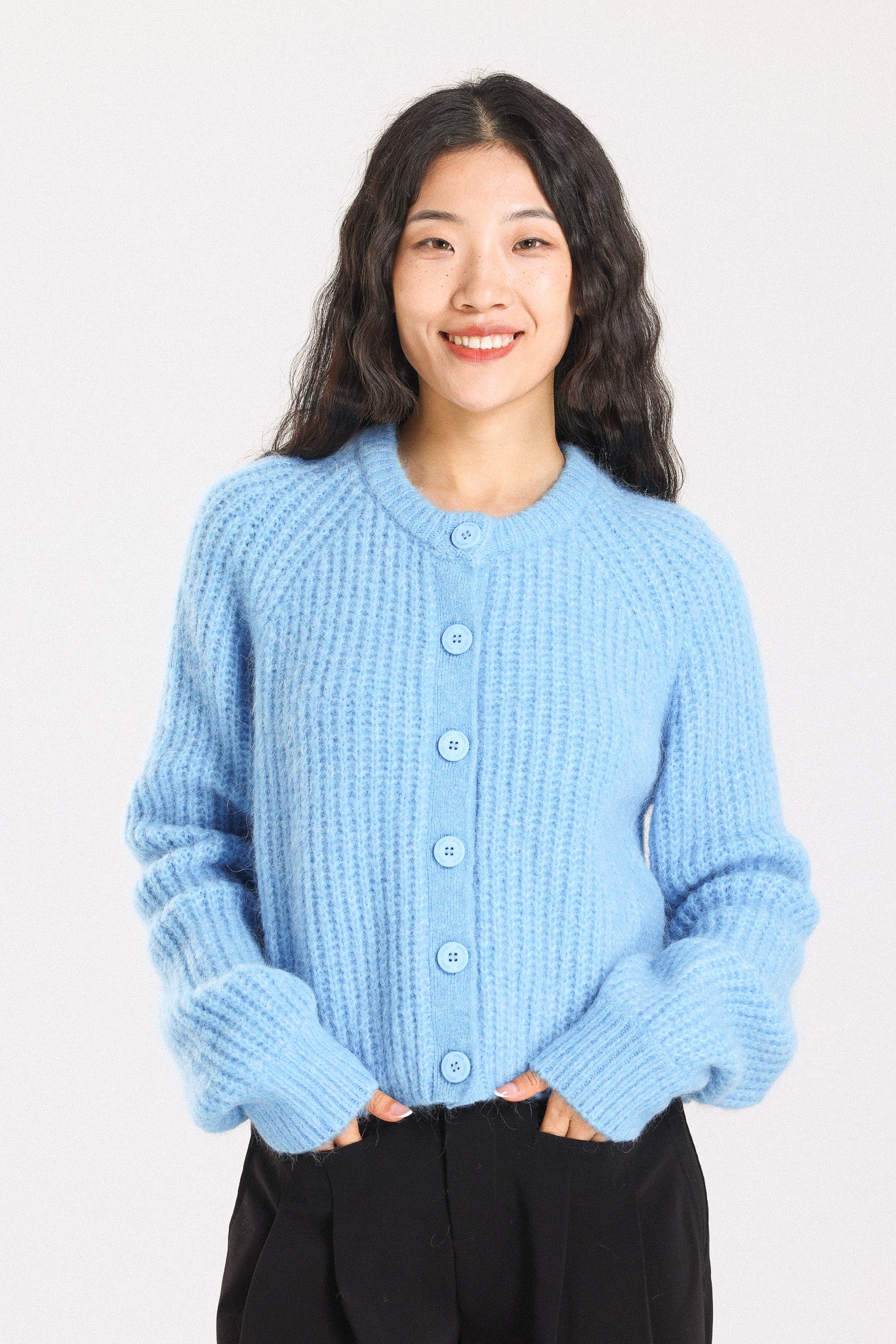 Janet Ribbed Alpaca wool Knit Cardigan - Sky