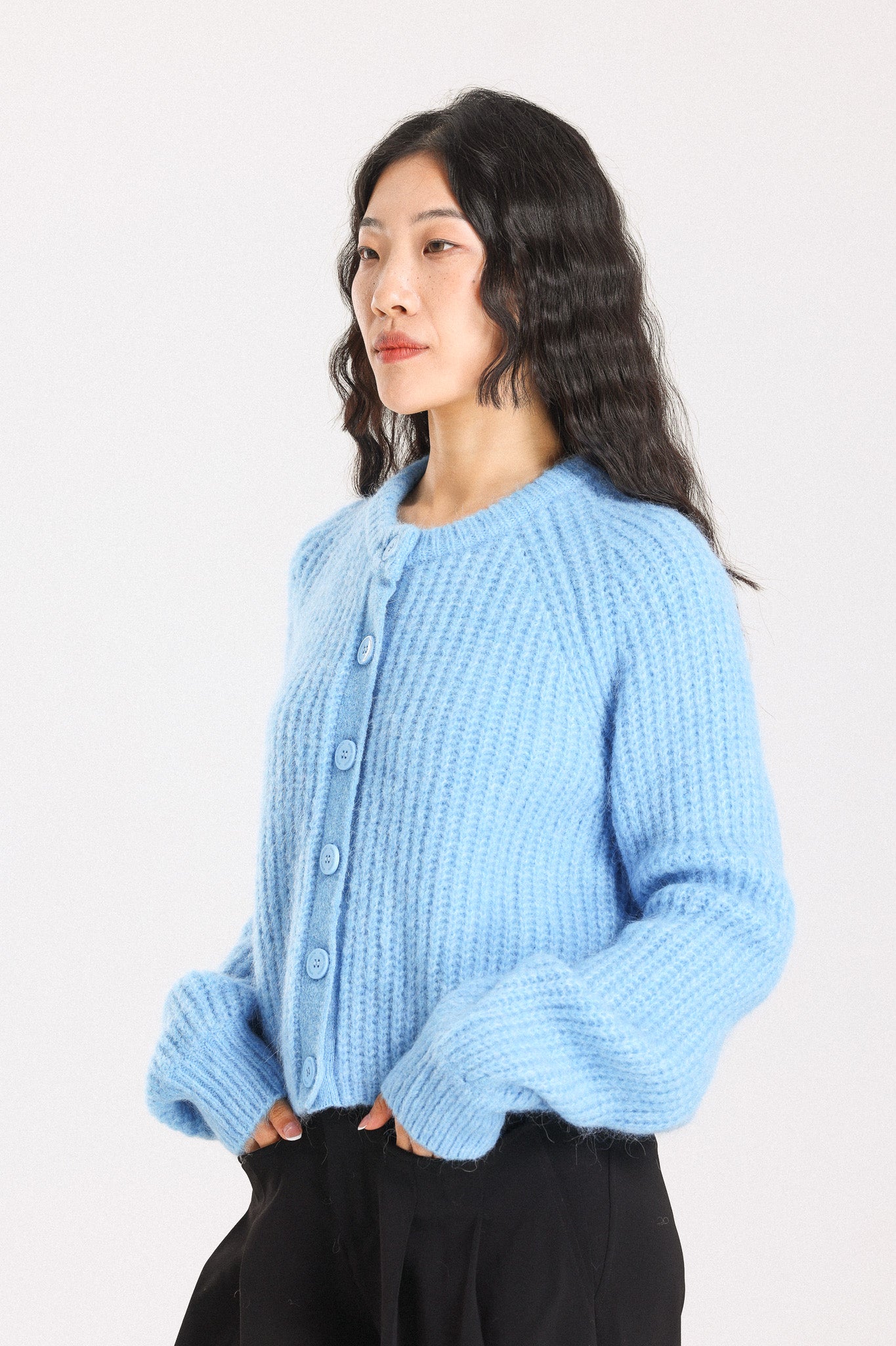 Janet Ribbed Alpaca wool Knit Cardigan - Sky