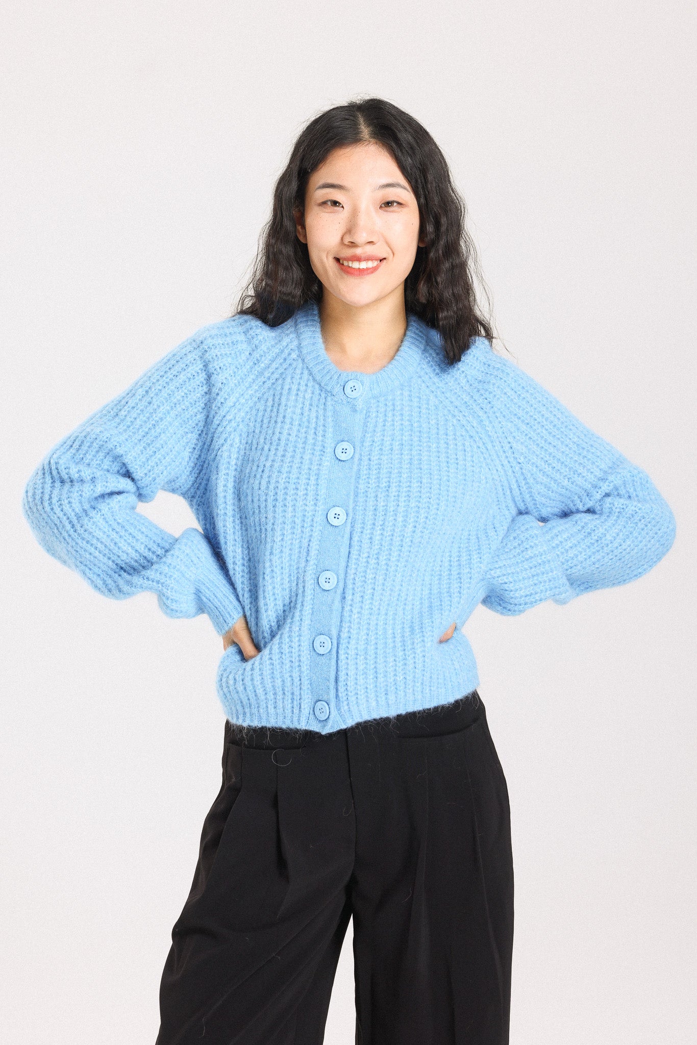 Janet Ribbed Alpaca wool Knit Cardigan - Sky