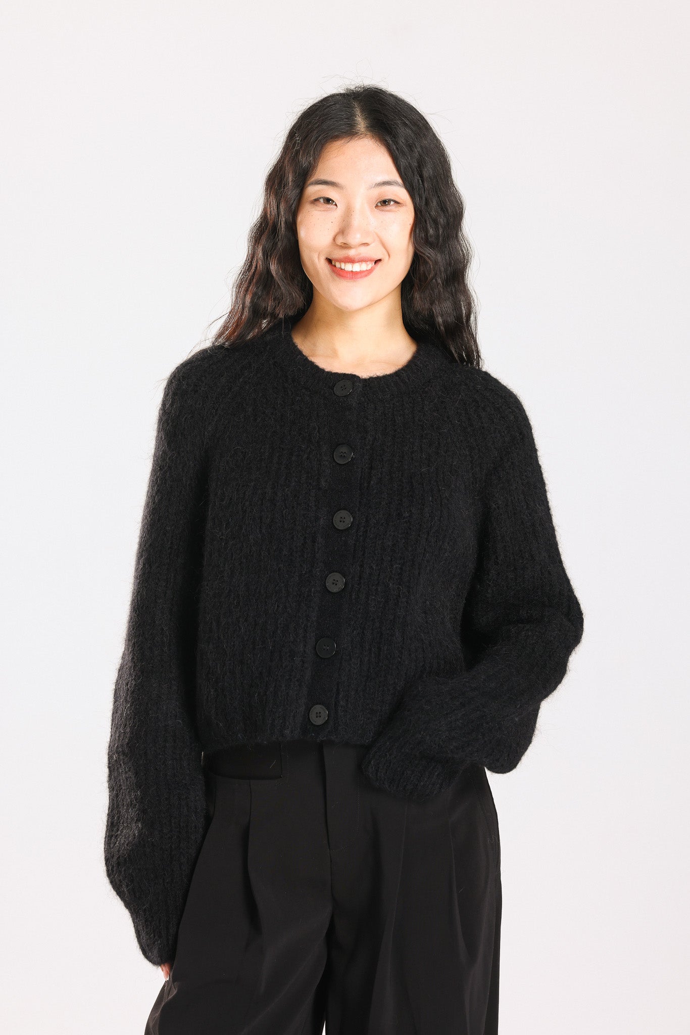 Janet Ribbed Alpaca wool Knit Cardigan - Black