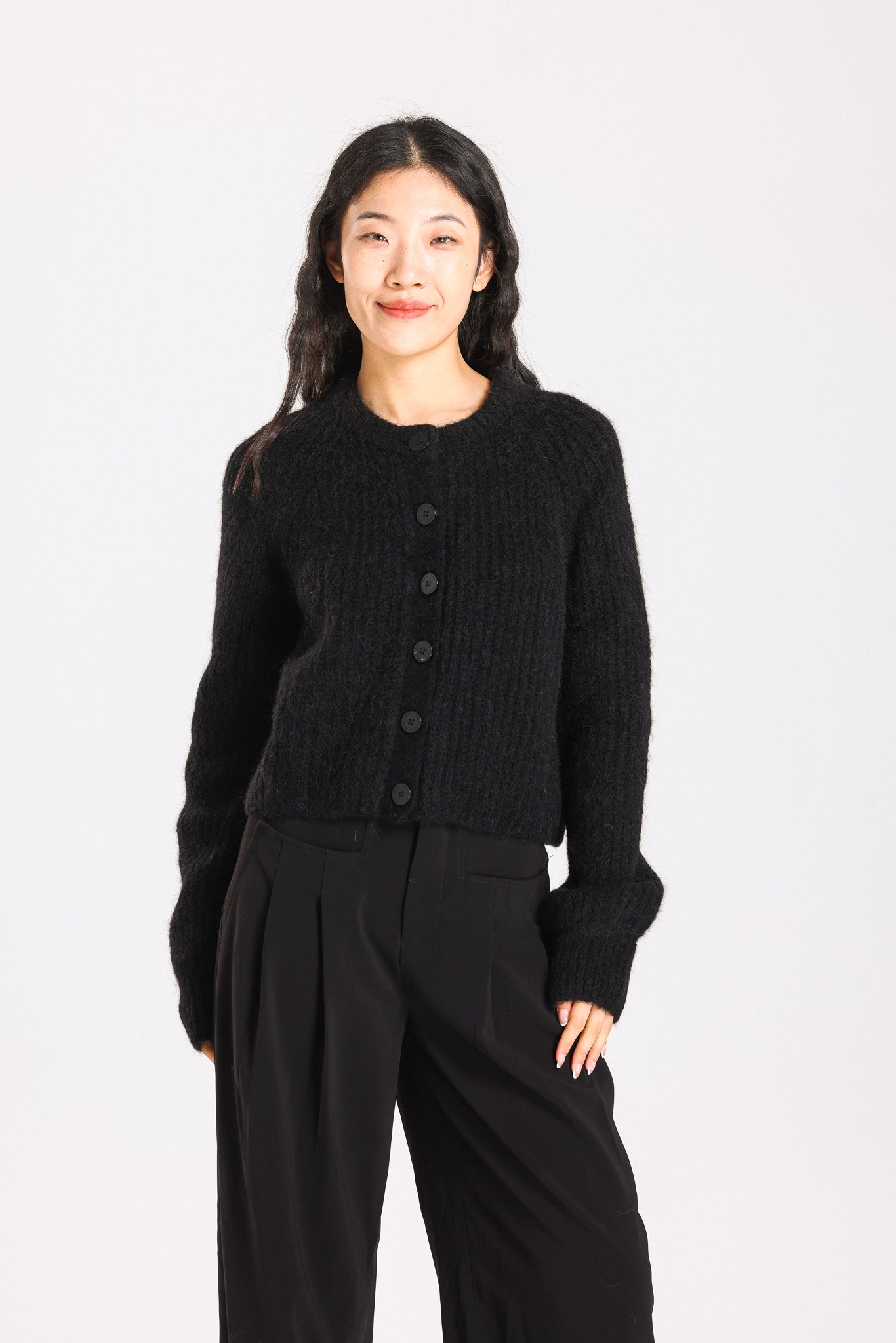 Janet Ribbed Alpaca wool Knit Cardigan - Black