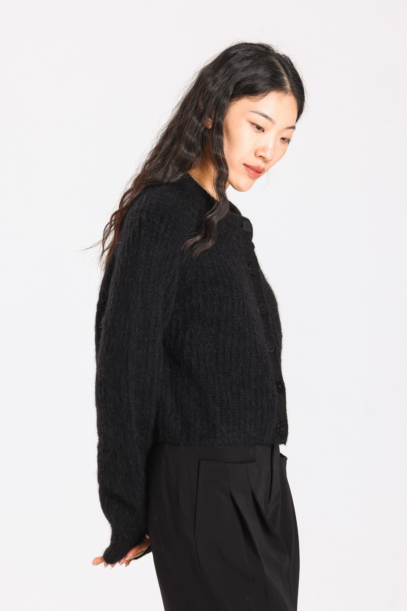 Janet Ribbed Alpaca wool Knit Cardigan - Black
