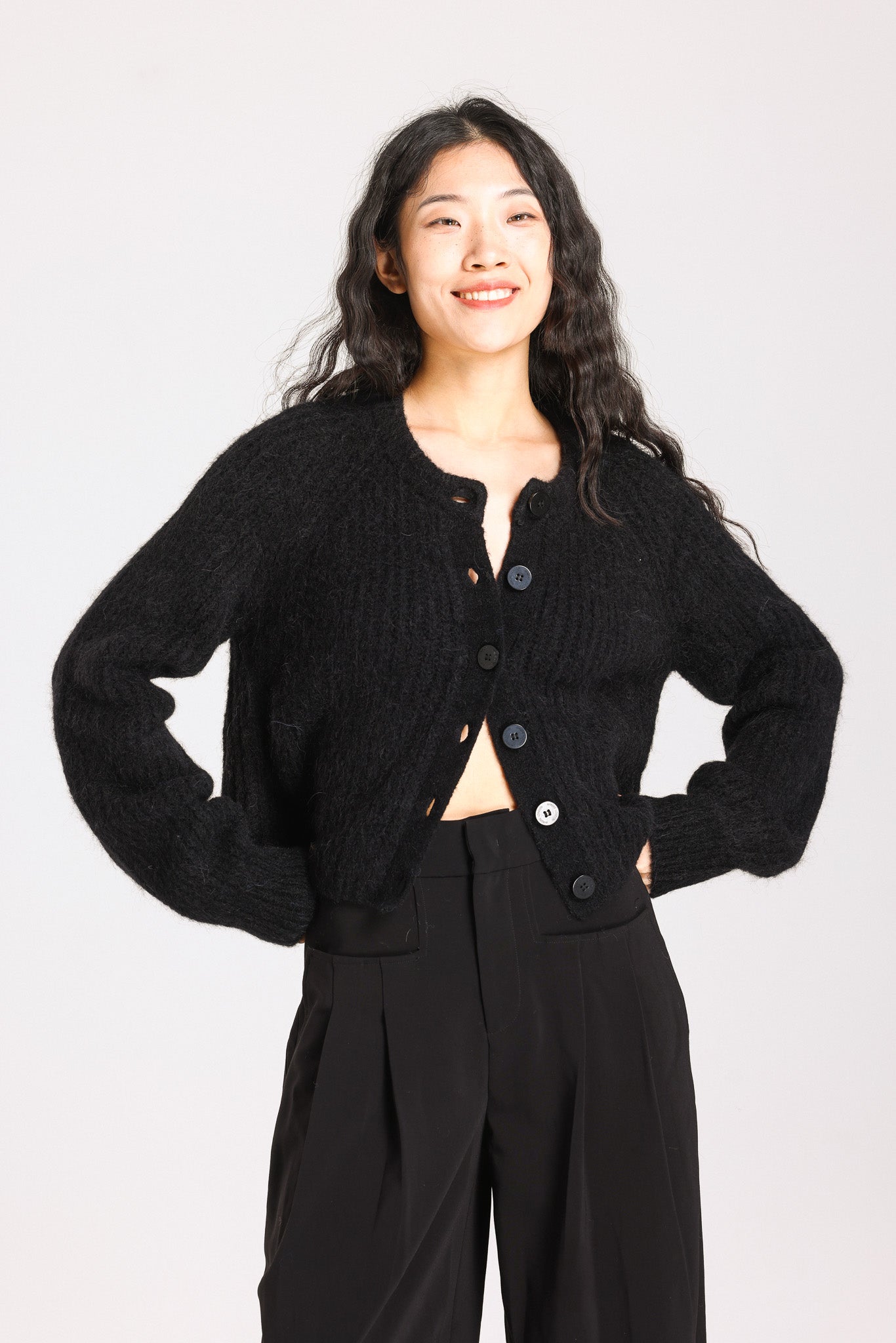 Janet Ribbed Alpaca wool Knit Cardigan - Black