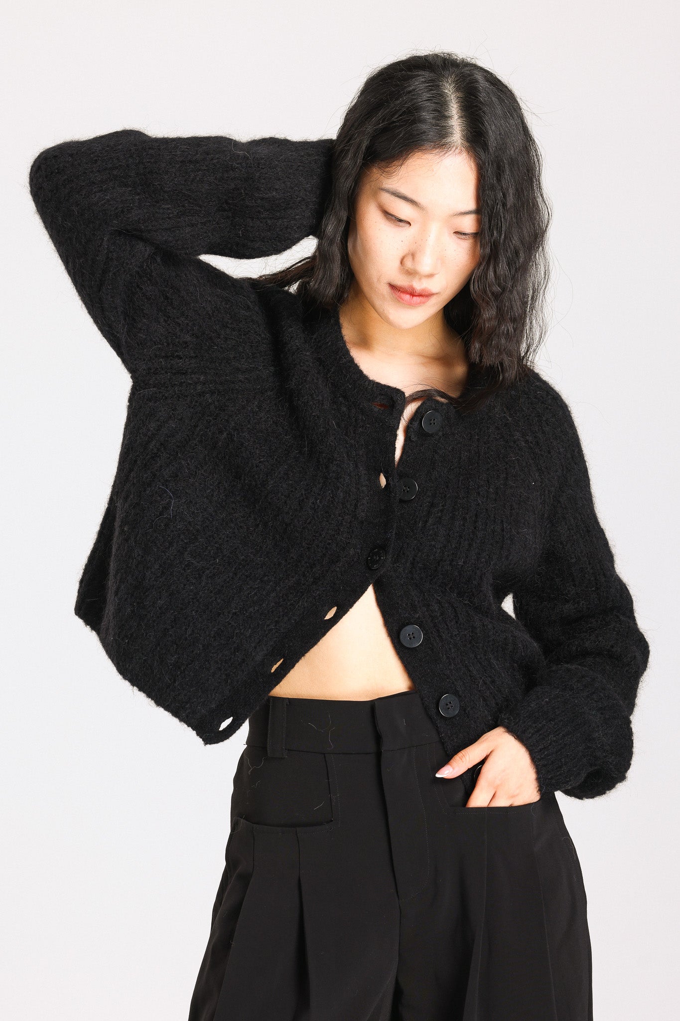 Janet Ribbed Alpaca wool Knit Cardigan - Black