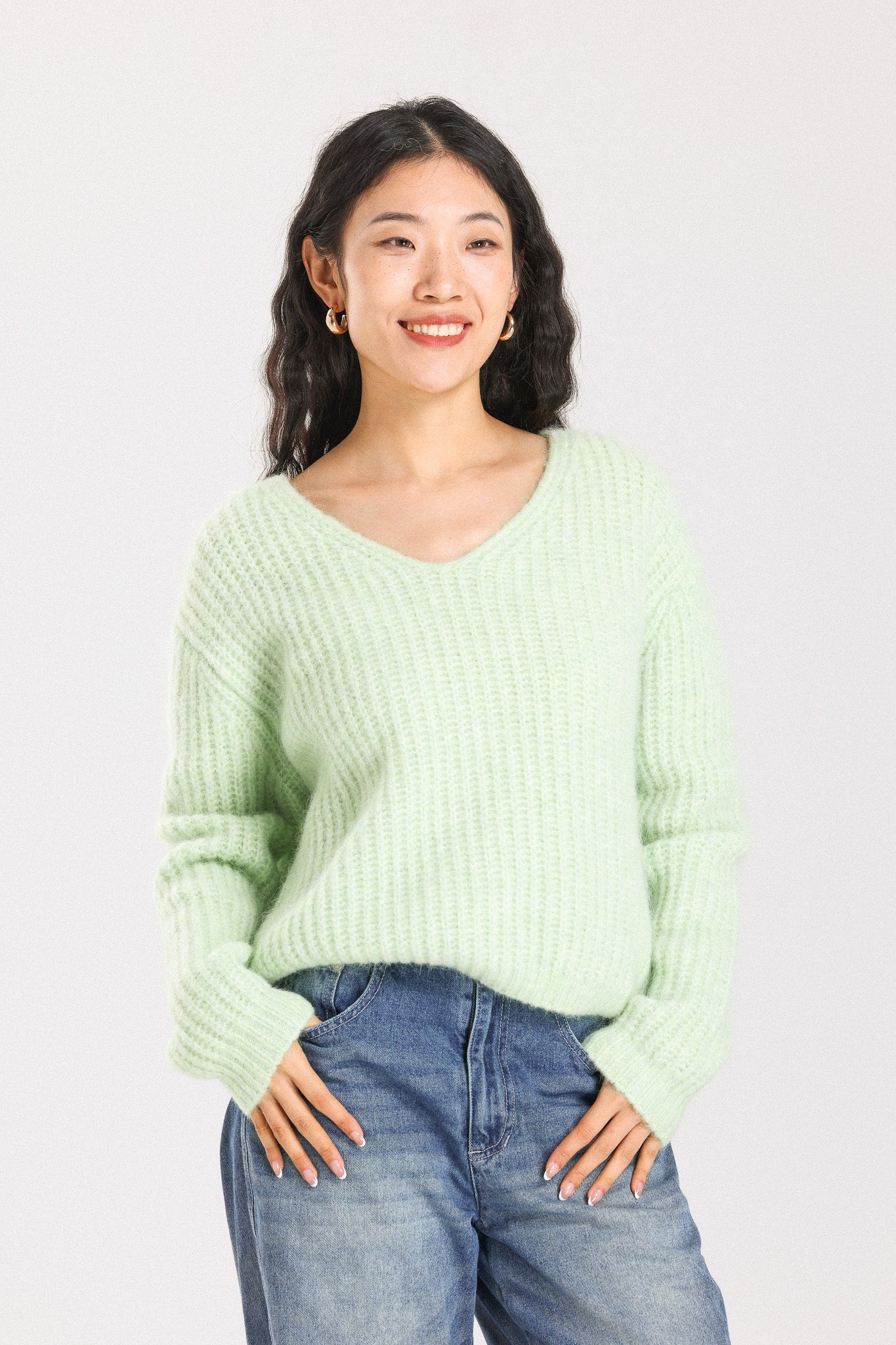 Immy V-neck Basic Alpaca wool Knit Jumper - Lime