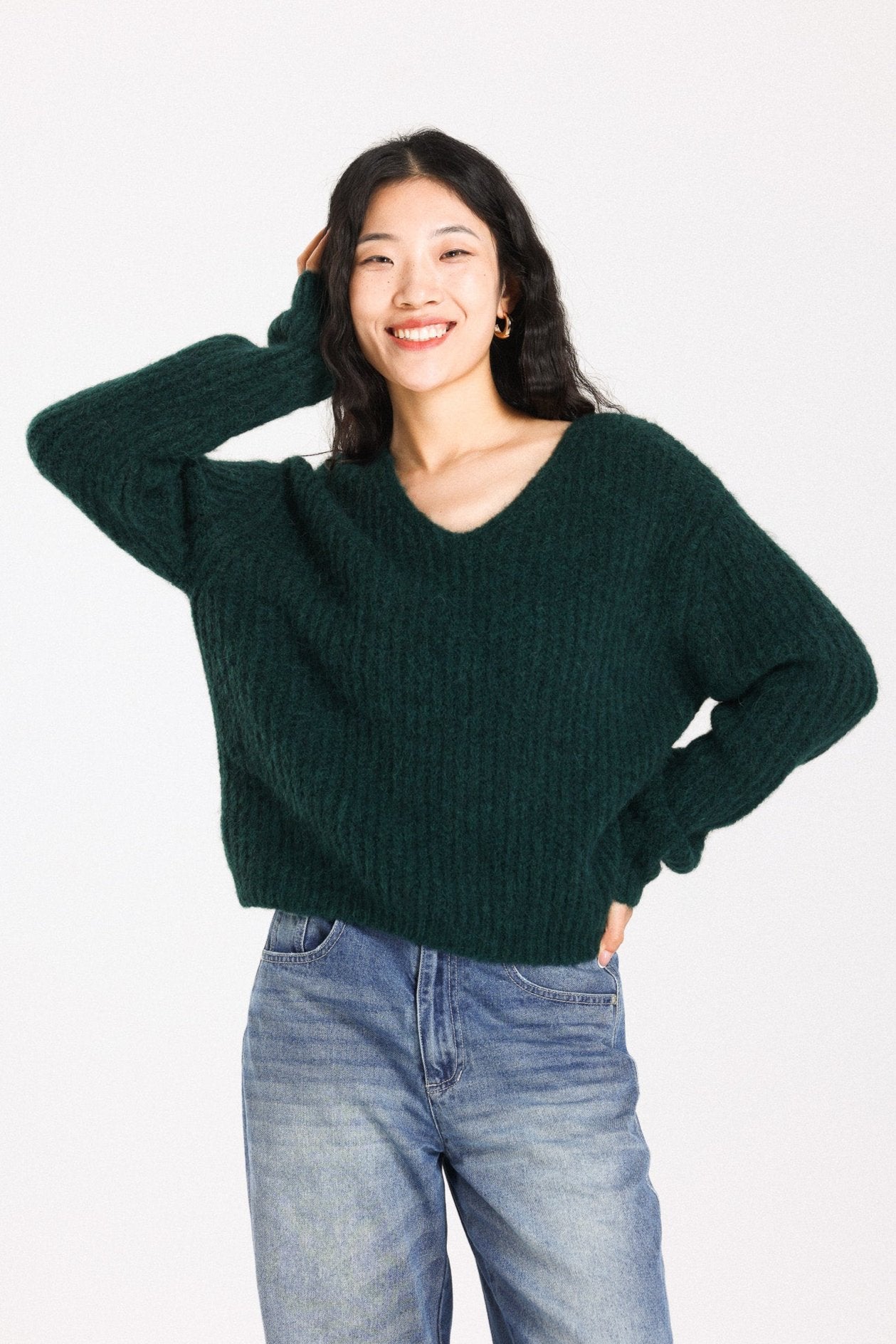 Immy V-neck Basic Alpaca wool Knit Jumper - Forest