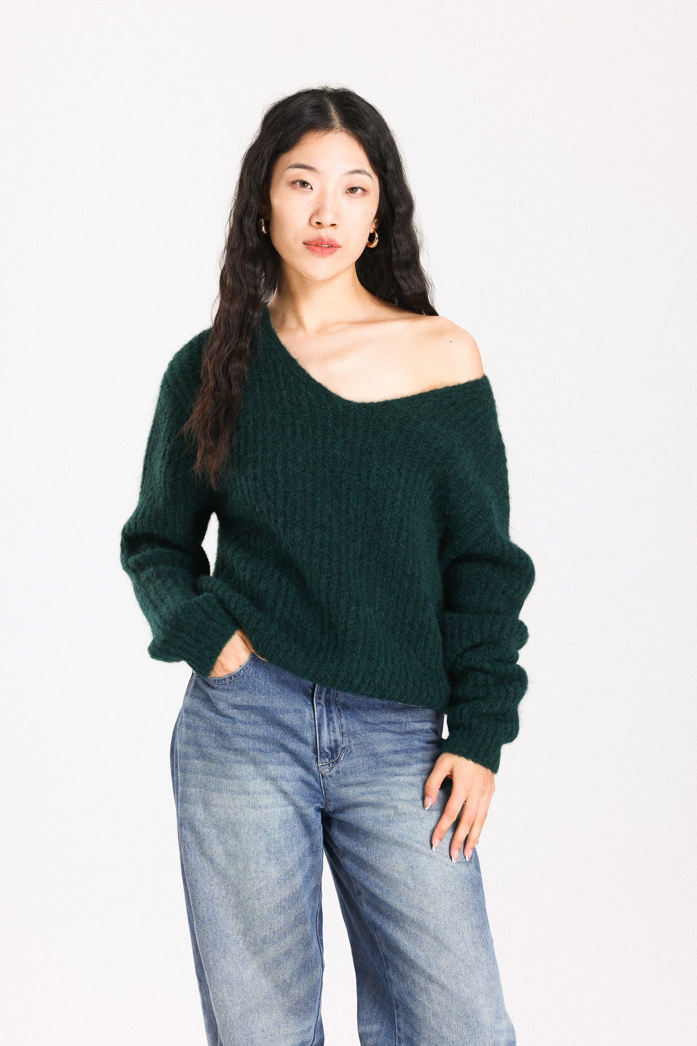 Immy V-neck Basic Alpaca wool Knit Jumper - Forest