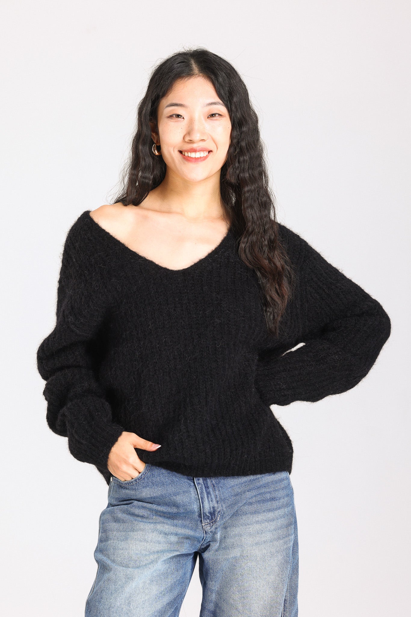 Immy V-neck Basic Alpaca wool Knit Jumper - Black