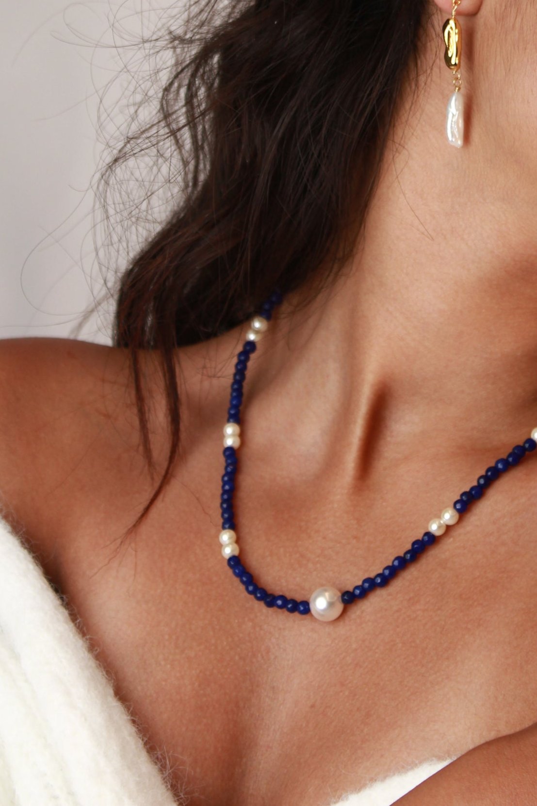 Turquoise and Pearl Necklace - Navy
