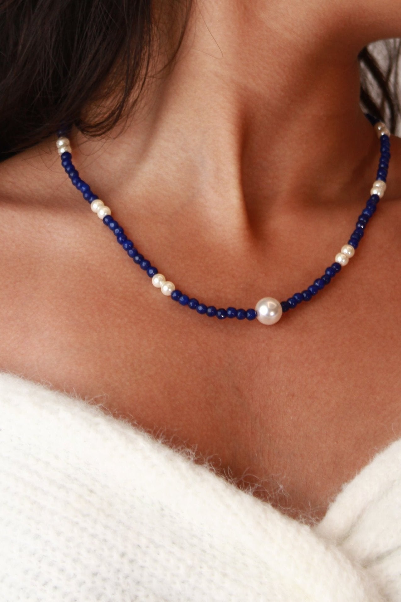 Turquoise and Pearl Necklace - Navy