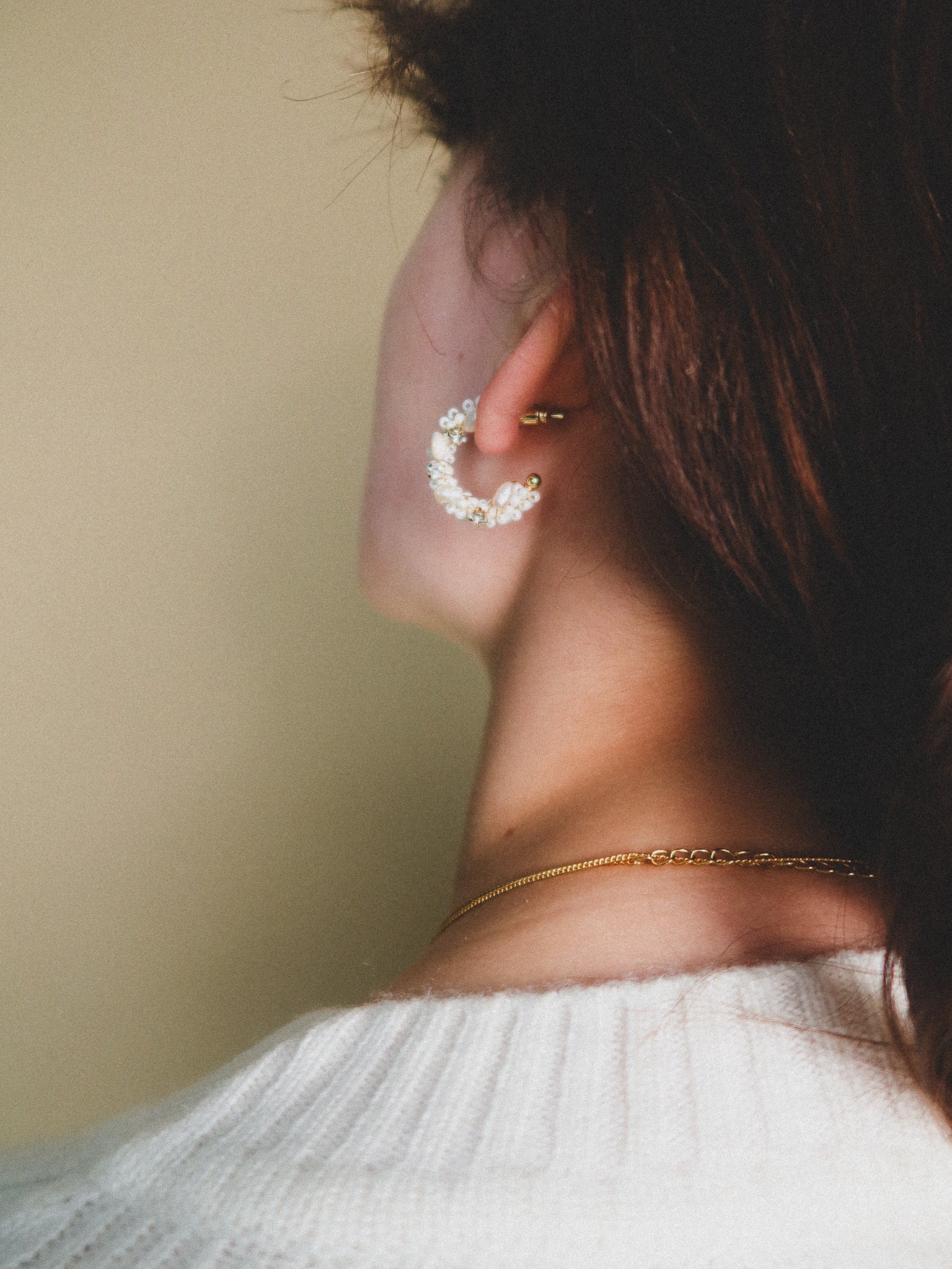 White Mini Beading and Pearl Hoop Earrings