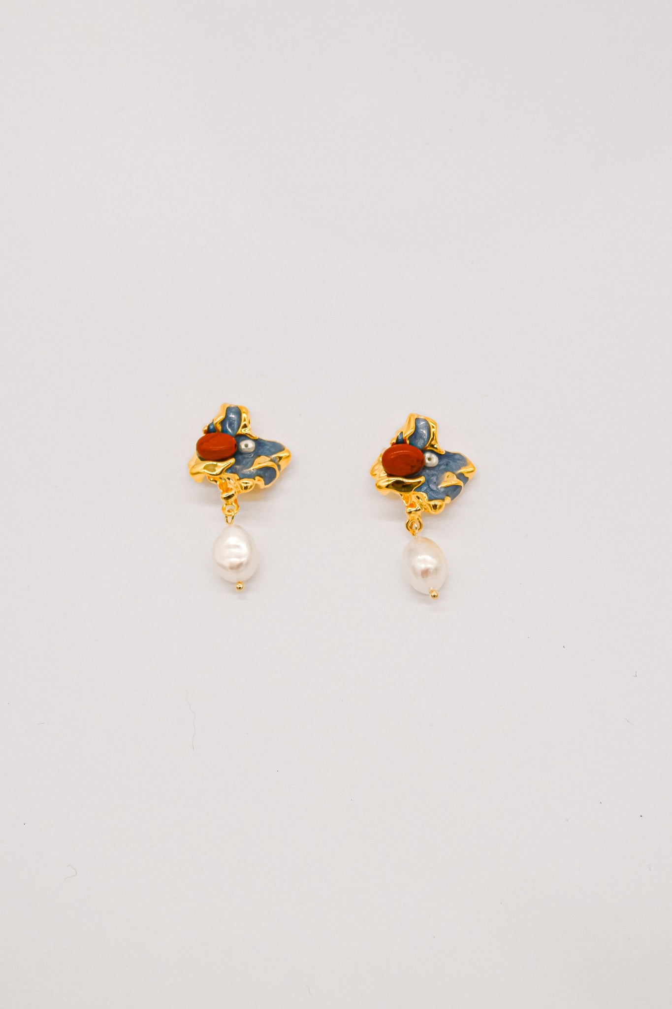 Royal Blue Enamel Floral Pearl Earrings