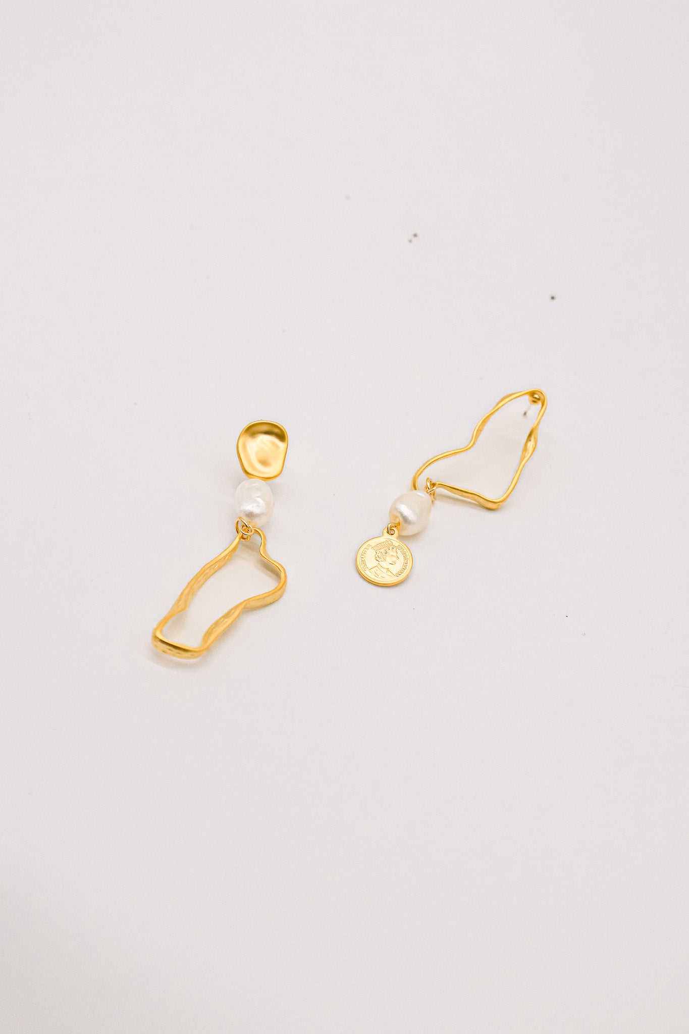 Gold Coin Drop Pearl Earrings